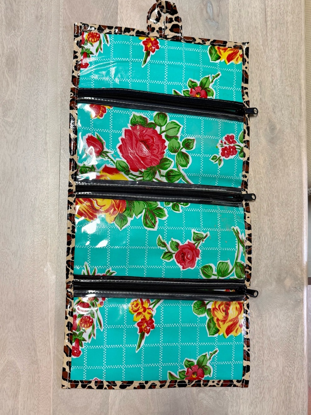 Floral Turquoise Hanging Organizer with Leopard Trim
